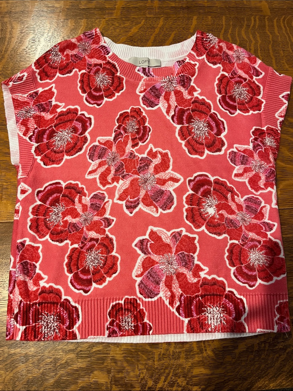 LOFT Pink Red Floral Knit Tank Top